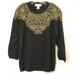 Vintage Sweater Sz M Black w Gold Beading Paisley Victoria Harbour
